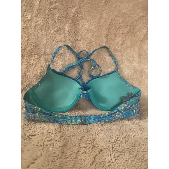 Aerie Push Up Halter Bikini Top Lightweight Floral Teal Blue Women's Size 32B - Picture 4 of 8